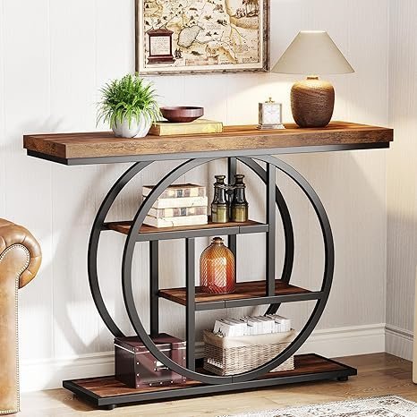 81xlIuXFUKL._AC_SX466_ Tribesigns 41.3″ Console Table, Industrial 4-Tier Sofa Table Entryway Table with Circle Base, Narrow Wood Accent Tables with Storage Shelves for Living Room, Hallway, Foyer, Rustic Brown - Image 1