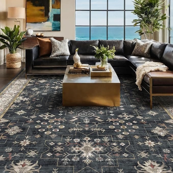 91Xv-MamL._AC_SX679_ Black Farmhouse Washable 8×10 Area Rugs for Living Room, Bedroom, Dining Room Kitchen Table Rug for Under Table, Office, Dark Charcoal Tumble Stain Resistant Non-Slip Large Washable (8×10 Black/Multi) - Image 1