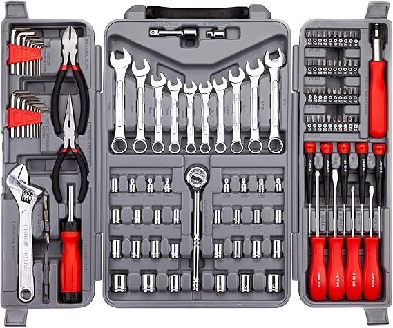 91aGvsoG1L._AC_SX569_-1 CARTMAN 205 Piece Ratchet Wrench Tool Set 1/4″ & 3/8″ & 1/2″ Drive with SAE/Metric Sockets Kit in Plastic Toolbox - Image 1