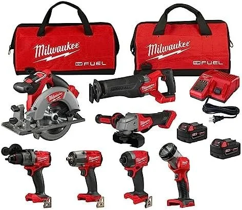 B0CCXKCCJF-0-1756233692738-1-1 Milwaukee M18 FUEL 18V Lithium-Ion Brushless Cordless Combo Kit with Two 5.0 Ah Batteries, 1 Charger, 2 Tool Bags (7-Tool) - Image 1