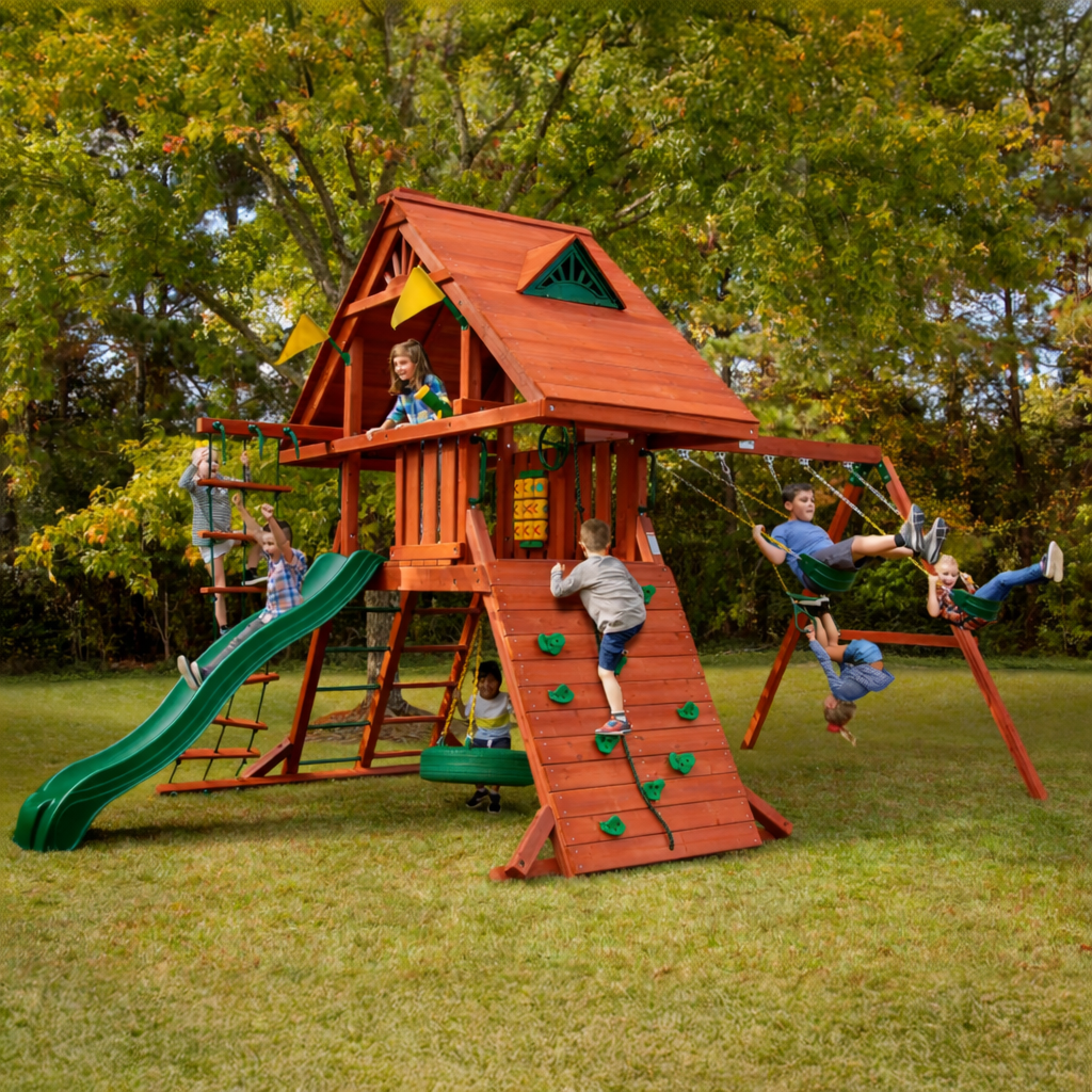 Children_playing_on_a_wooden_playset.png Sun Palace Swing Set - Image 1