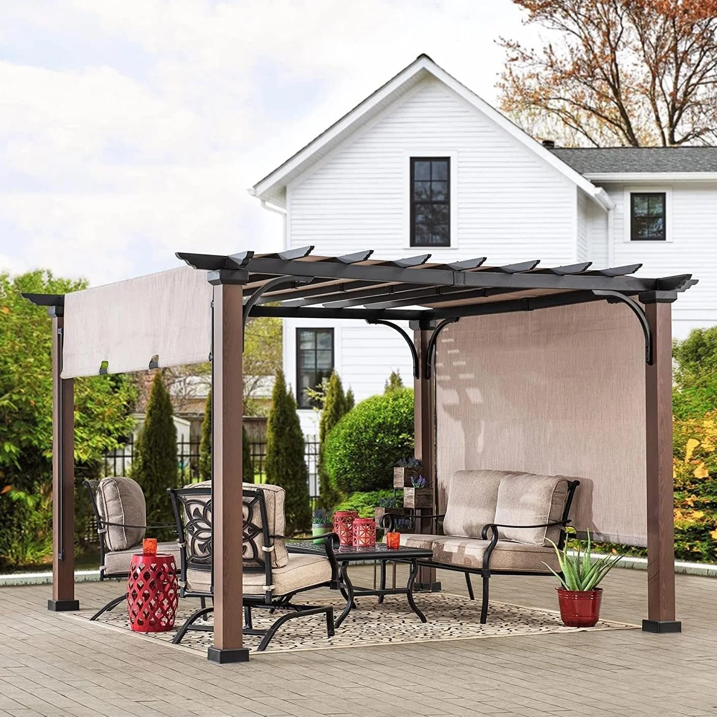 b1-13-1-1 Sunjoy 11 x 11 ft Metal Pergola with Adjustable Tan Garden Shades - Image 1