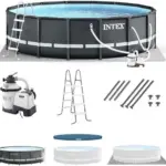 Intex Ultra XTR Frame 14′ x 42″ Round Above Ground Outdoor Swimming Pool Set with Sand Filter Pump, Ladder, Ground Cloth, and Pool Covers