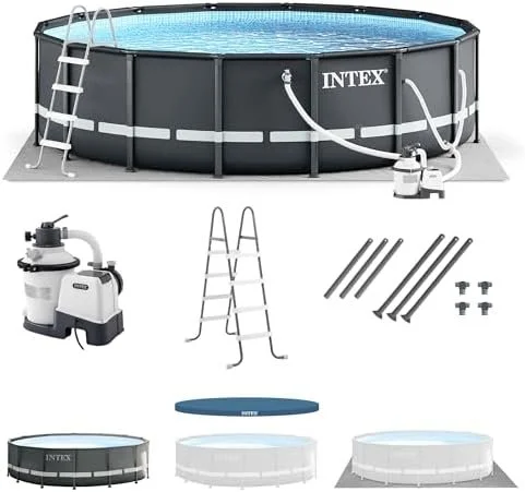 j1-13-1-1 Intex Ultra XTR Frame 14′ x 42″ Round Above Ground Outdoor Swimming Pool Set with Sand Filter Pump, Ladder, Ground Cloth, and Pool Covers - Image 1