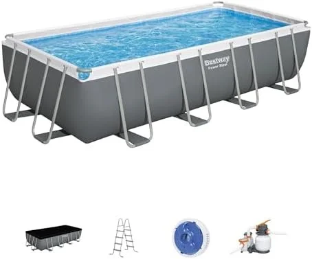 l1-8-1-1 Bestway Power Steel 18′ x 9′ x 48″ Rectangular Metal Frame Above Ground Outdoor Swimming Pool Set with 1,500 GPH Filter Pump, Ladder, and Pool Covers - Image 1