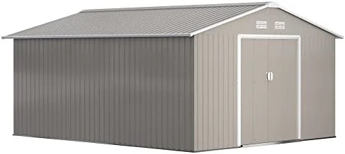 m1-25-1-1 Outsunny 11′ x 13′ Outdoor Storage Shed, Garden Tool Metal Shed with Foundation Kit, Double Lockable Door, Air Vents and Slopings Roofs, for Backyard, Patio, Lawn, Light Grays - Image 1