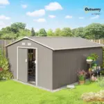 Outsunny 11′ x 13′ Outdoor Storage Shed, Garden Tool Metal Shed with Foundation Kit, Double Lockable Door, Air Vents and Slopings Roofs, for Backyard, Patio, Lawn, Light Grays - Image 2