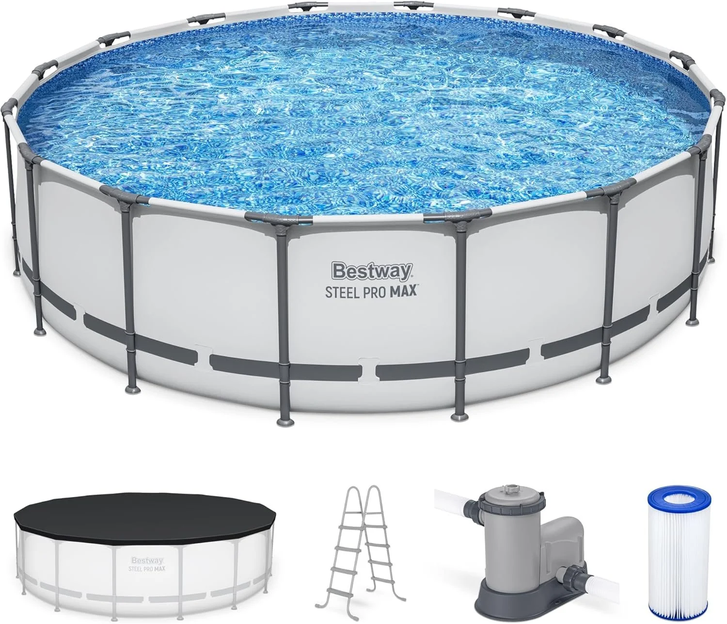 p1-11-1-1 Bestway Steel Pro MAX 16 Foot x 48 Inch Round Metal Frame Above Ground Outdoor Swimming Pool Sets - Image 1